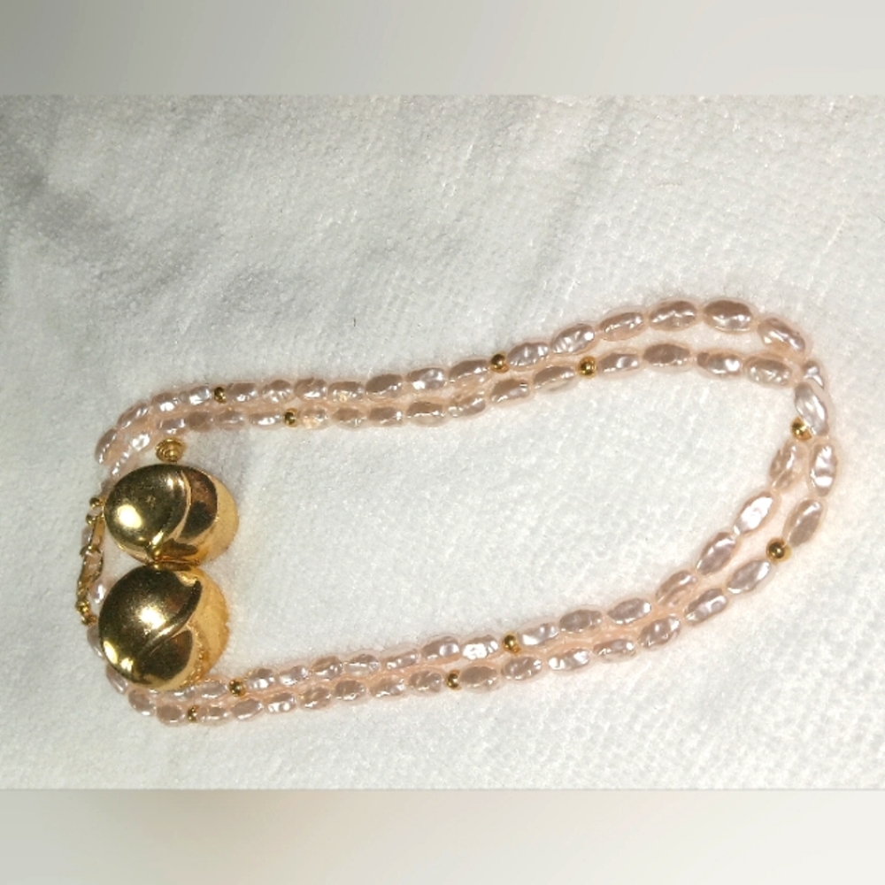 Vintage light pink Marbella seed pearl necklace Napier Goldtone earrings